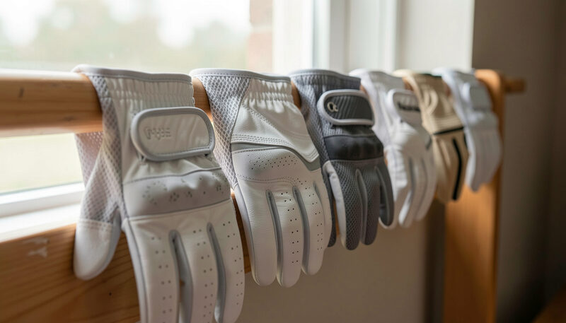 A row of golf gloves pegged cuff up along a wooden rail, white leather and grey mesh alternating under soft window light