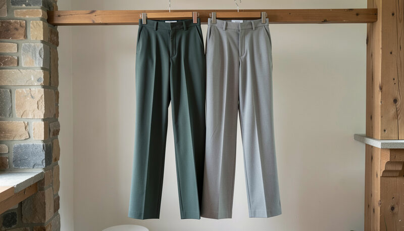 Golf trousers hanging full length on a wooden rail, stone and grey pairs side by side, creases sharp from the fold
