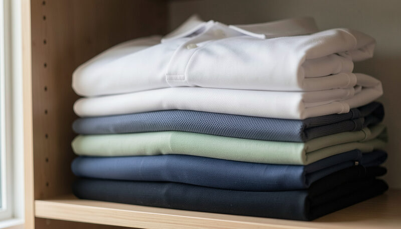 A stack of folded golf polo shirts on a shelf, pique and smooth knit alternating in white, sage and navy folds