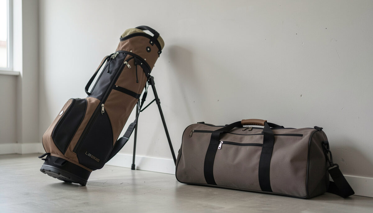 A canvas gear bag open on a wooden bench with batting gloves, a folded spare shirt and a scorebook, damp shoes drying beside it