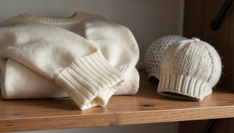 A folded cream wool sweater beside two knitted golf head covers on a shelf, ribbed cuffs and stitch patterns in focus