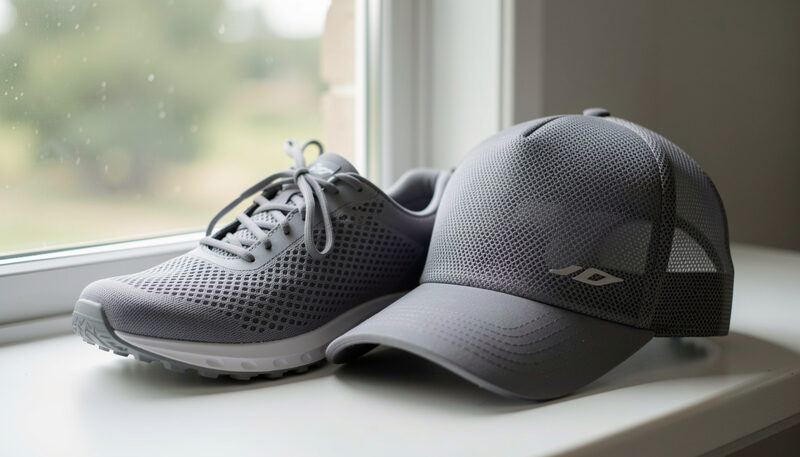 A grey mesh shoe upper held against window light beside a cap with a mesh back panel, the honeycomb weave visible in both