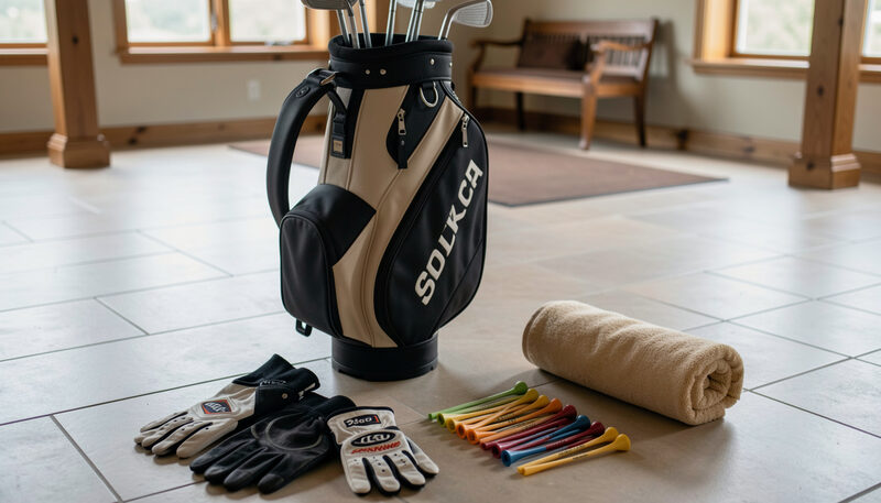 A golf bag standing open on a clubhouse floor with gloves, tees and a rolled towel laid out beside it in a packing row