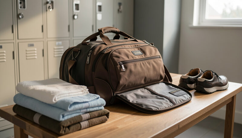 A team travel golf bag lying open on a locker room bench beside a stack of folded towels and a pair of shoes
